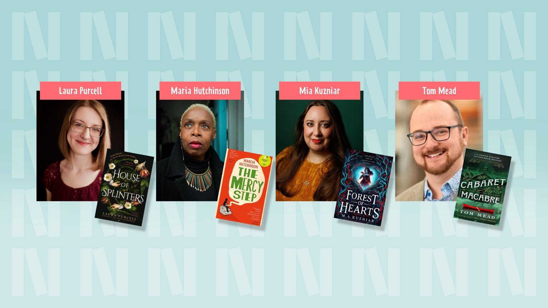The background is light blue with the "N" logo for Newark Book Festival and a pink banner at the bottom of the photograph says their name.