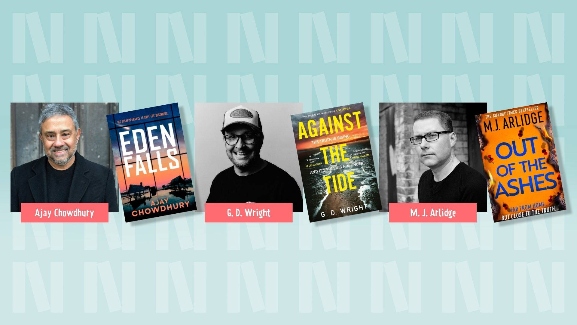 The background is light blue with the "N" logo for Newark Book Festival and a pink banner at the bottom of the photograph says their name.