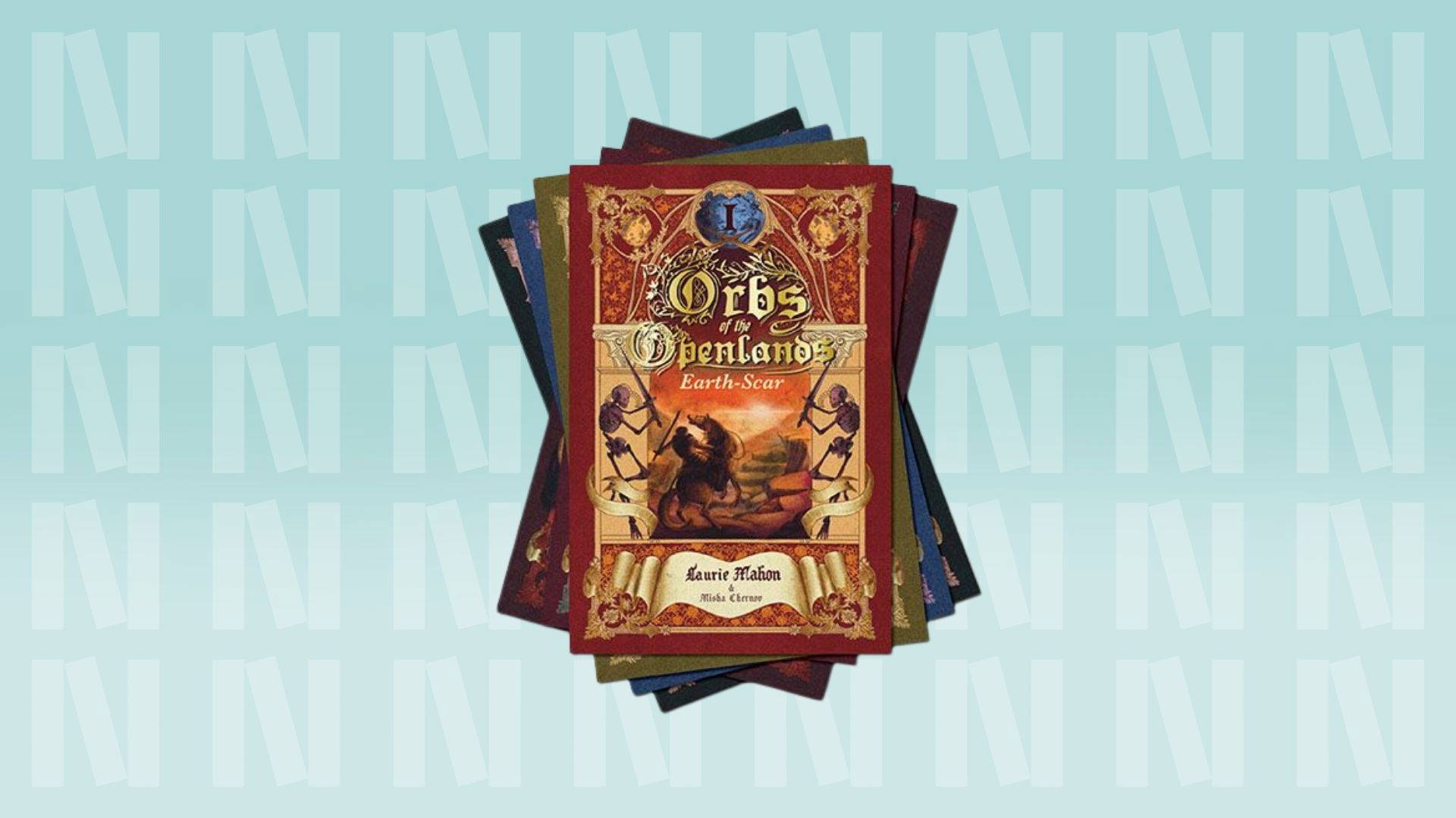 The book cover for "Orbs of the Openlands: Earth-Scar, written by Laurie Mahon. The background is light blue with the "N" logo for Newark Book Festival.