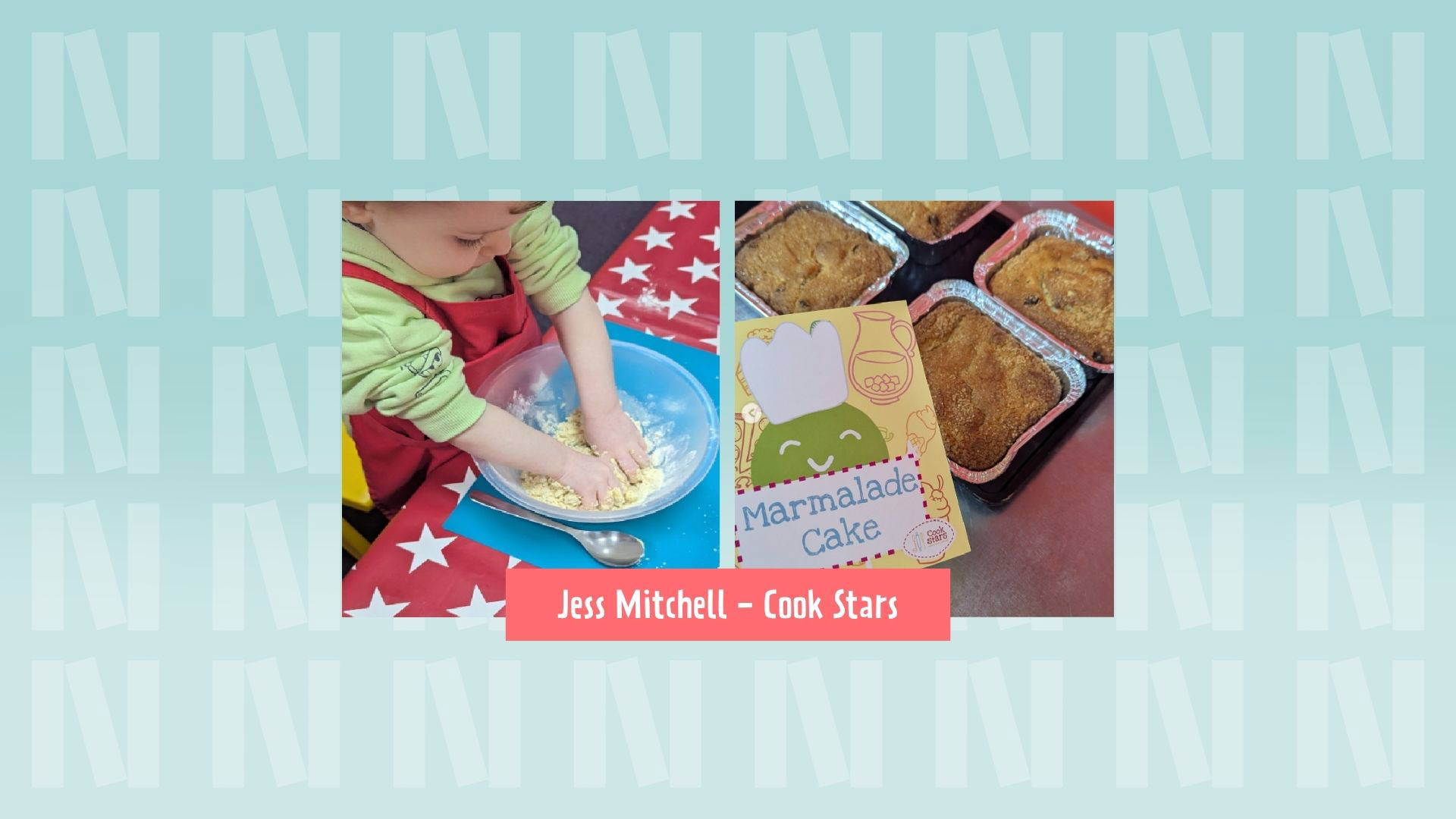 Two photographs - one showing a close up of a young child with their hands in a bowl of cake mixture. The sleeves of their green hoodie are rolled up and they are wearing a red apron. The table cloth is bright red with large white stars, and the mixing bowl is on a blue mat. The second photo (right) is a close up of four square marmalade cakes in tin foil cases and a copy of the recipe book "Marmalade Cake". The background is light blue with the "N" logo for Newark Book Festival and a pink banner at the bottom of the photograph says "Jess Mitchell - Cook Stars".