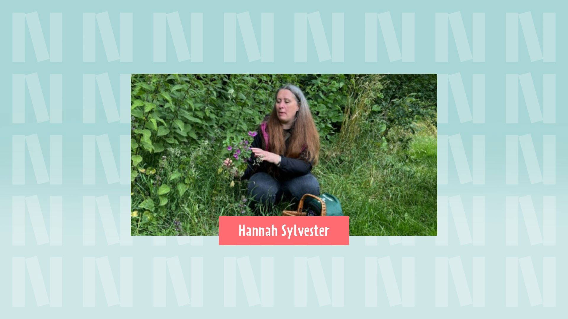 A photograph of Hannah Sylvester foraging along the banks of a river. The background is light blue with the "N" logo for Newark Book Festival and a pink banner at the bottom of the photograph says their name.