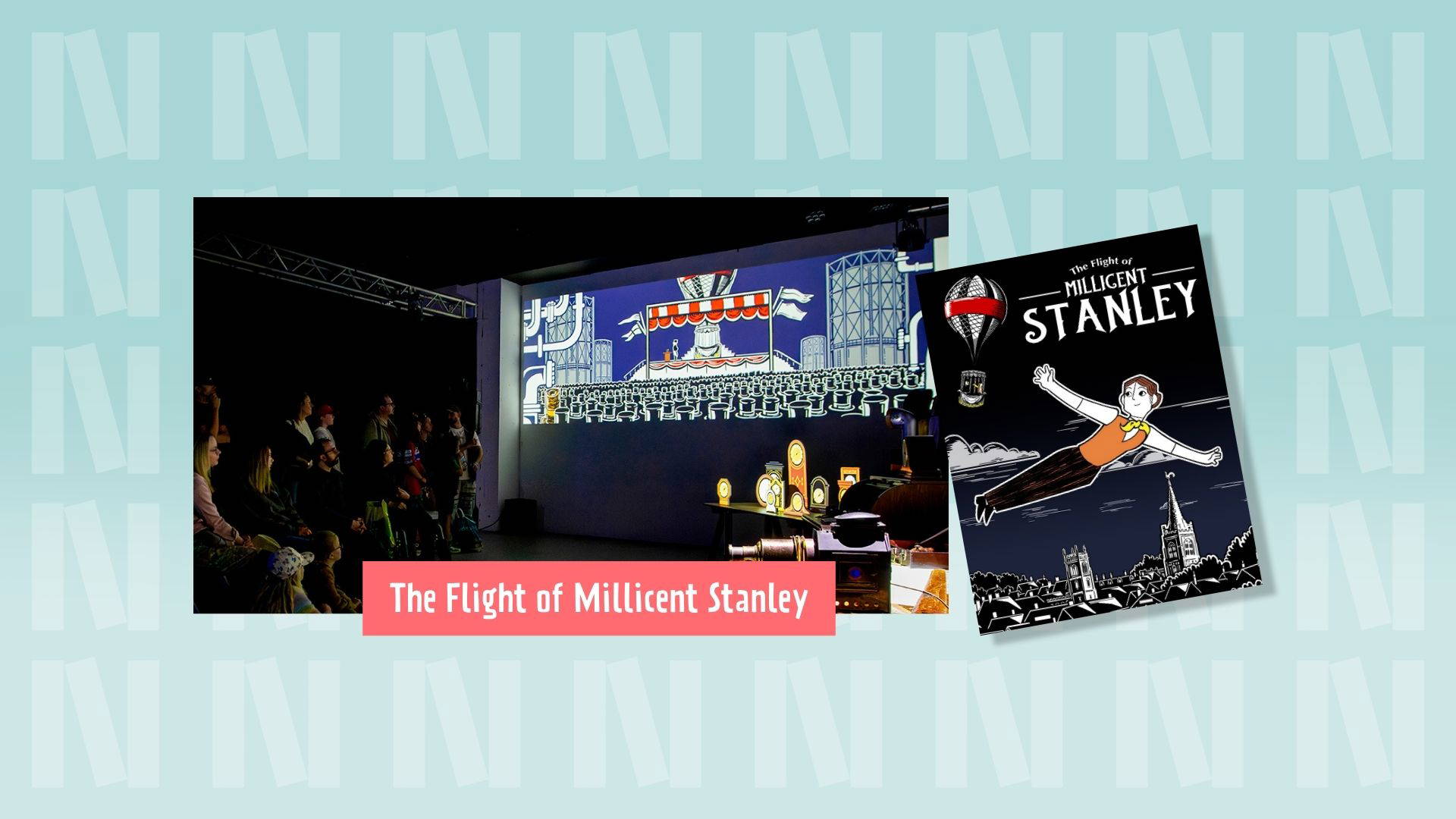 A photograph of an audience sitting in a darkened room watching the screening of "The Flight of Millicent Stanley", and to the right, an image of the book cover. The background is light blue with the "N" logo for Newark Book Festival and a pink banner at the bottom of the photograph says their name.
