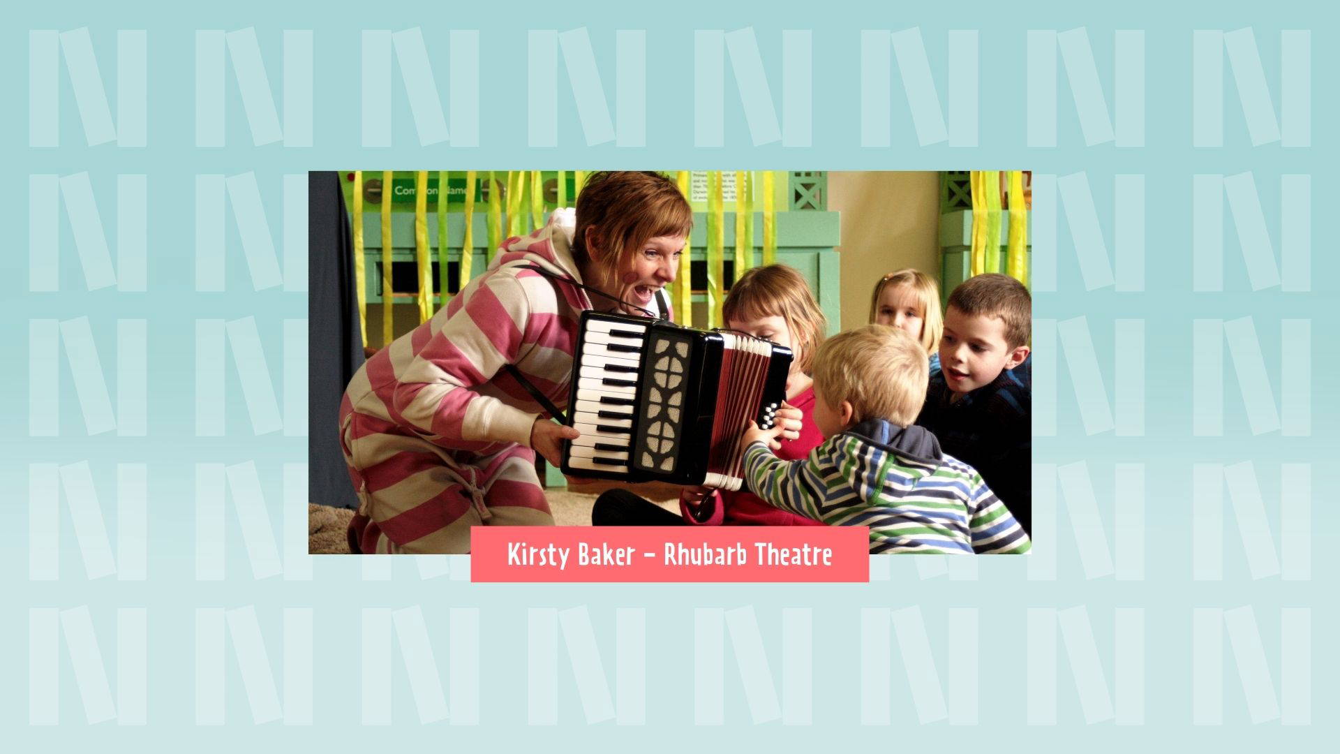 A photograph of Kirsty Baker, a performer who is playing an accordion to four small children. The background is light blue with the "N" logo for Newark Book Festival and a pink banner at the bottom of the photograph says their name.
